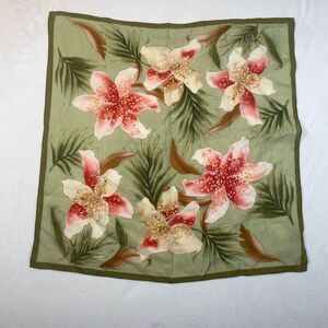 Talbots 100% Silk Square Scarf Tropical Pink Lily Floral Green 26" x 26" Y2K